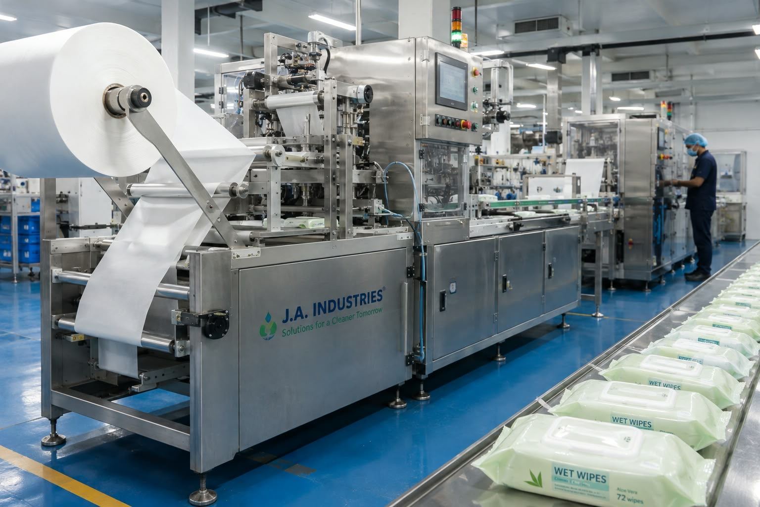 Our branded converting line turning nonwoven roll into finished wet wipe packs