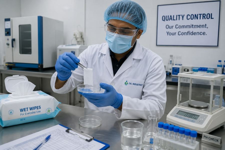 In-house quality control lab technician testing a wet wipe sample